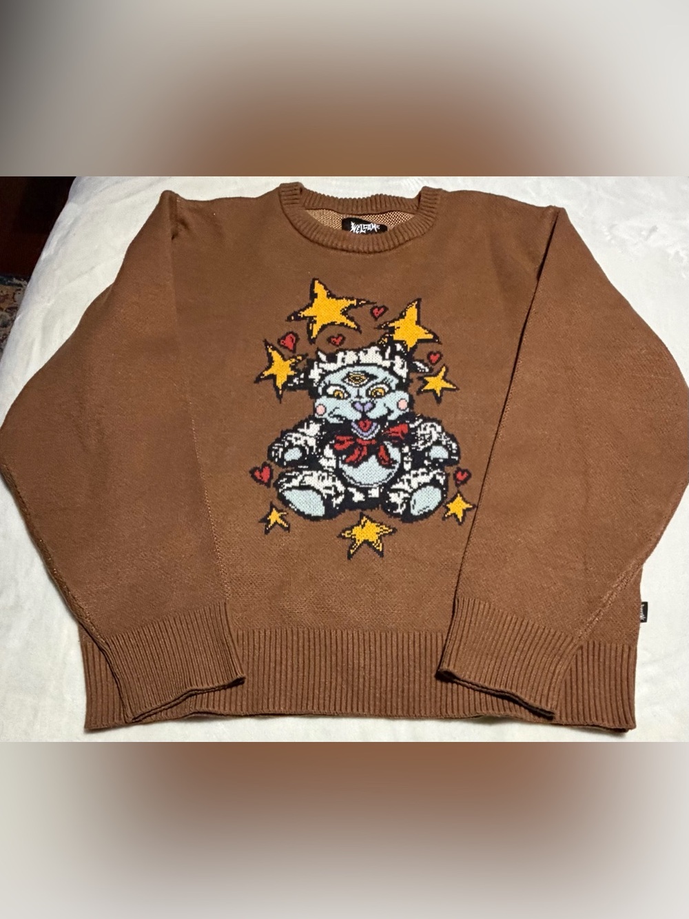 Rare Brown Crewneck Sweater with Playful Cat & Star Graphic